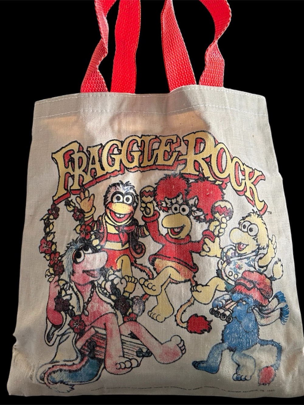 1985 Jim Henson Fraggle Rock Muppets Lined Canvas Tote in Cream with Red Handles